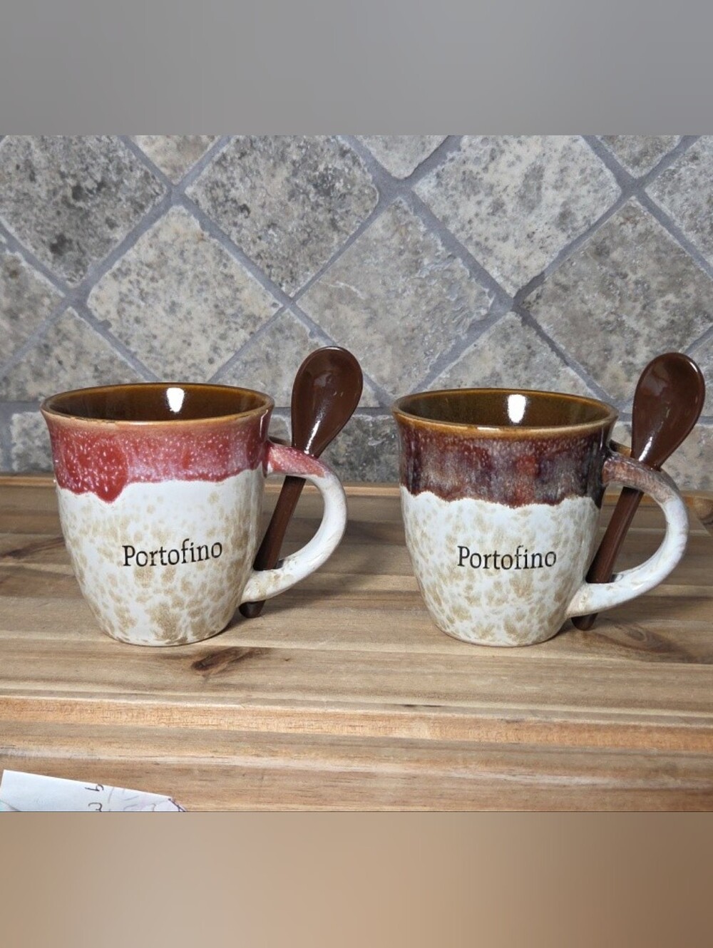 2 Portofino Italy 6 Oz Potters Coffee Speckled  Drip Glaze Stoneware Cups Mugs
